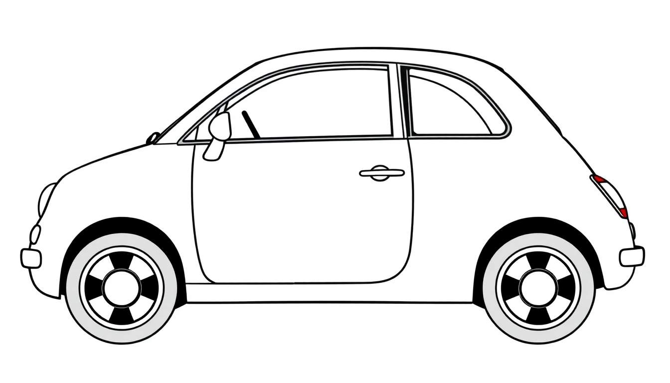 Gestileerde lijntekening van een compacte auto, zijaanzicht, klaar om ingekleurd te worden.
