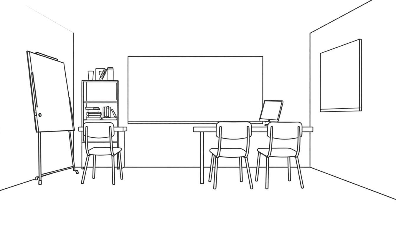 Zwart-wit lijntekening van een klaslokaal met meubels: whiteboard, boekenkast, tafel, stoelen en computerscherm.