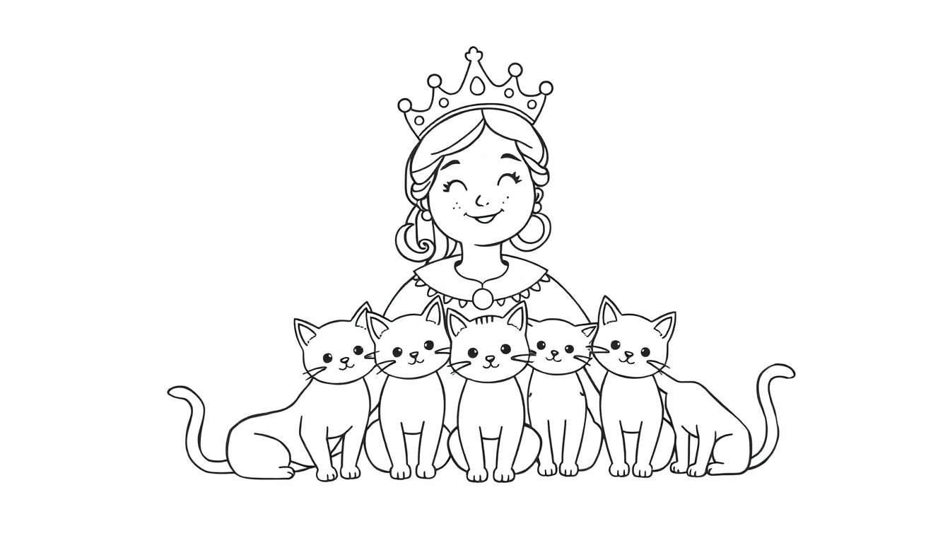 Zwart-wit lijntekening van een vrolijke koningin met kroon, oorbellen en ketting, die glimlacht met gesloten ogen. Vijf schattige katten zitten voor haar op een rij.