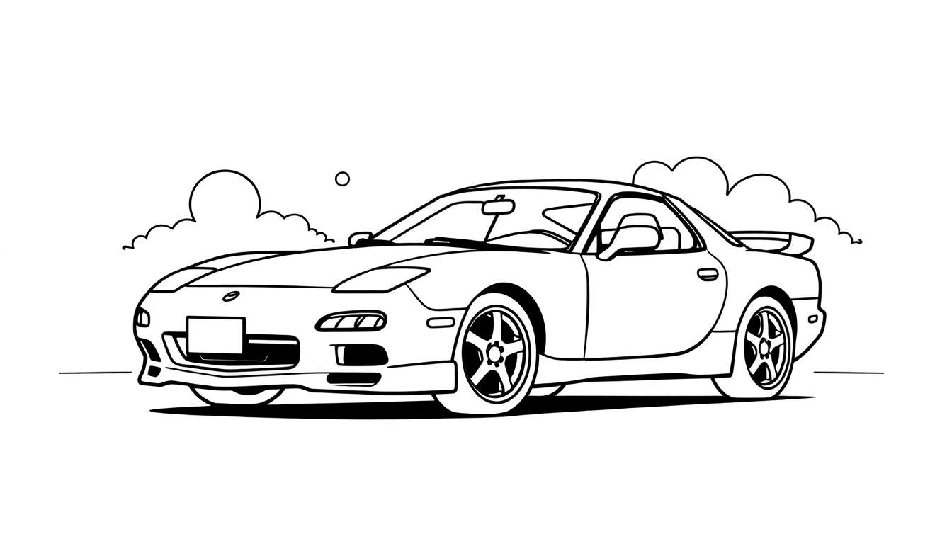 Zwart-witte lijntekening van een Mazda RX-7 (FD) sportwagen, van schuin voren en de zijkant gezien, met gestileerde wolken en zon op de achtergrond, klaar om ingekleurd te worden.