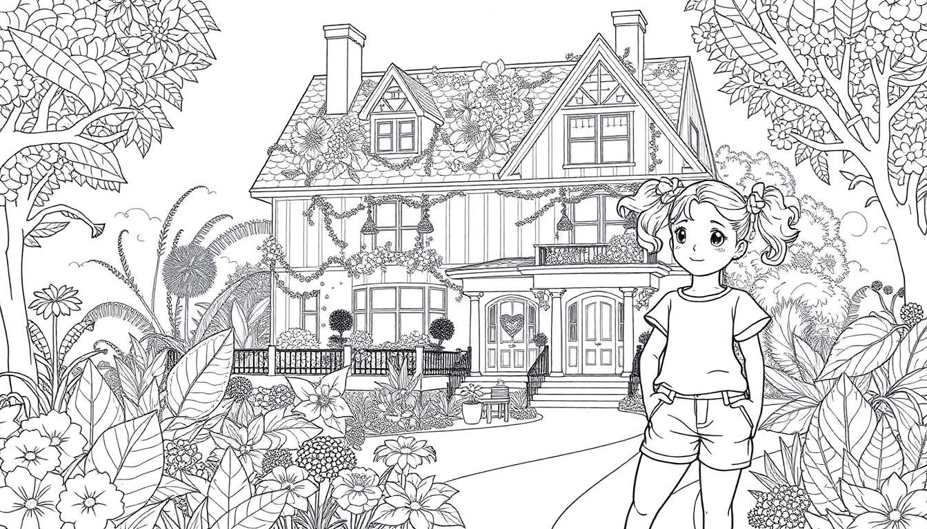 Zwart-wit lijntekening van een vrolijk meisje met staartjes en strikjes, handen in haar zakken, kijkend naar de kijker. Achter haar staat een charmant huis met puntige daken en klimplanten. De tuin is vol met bloemen, planten en bomen. Een pad leidt naar de voordeur.