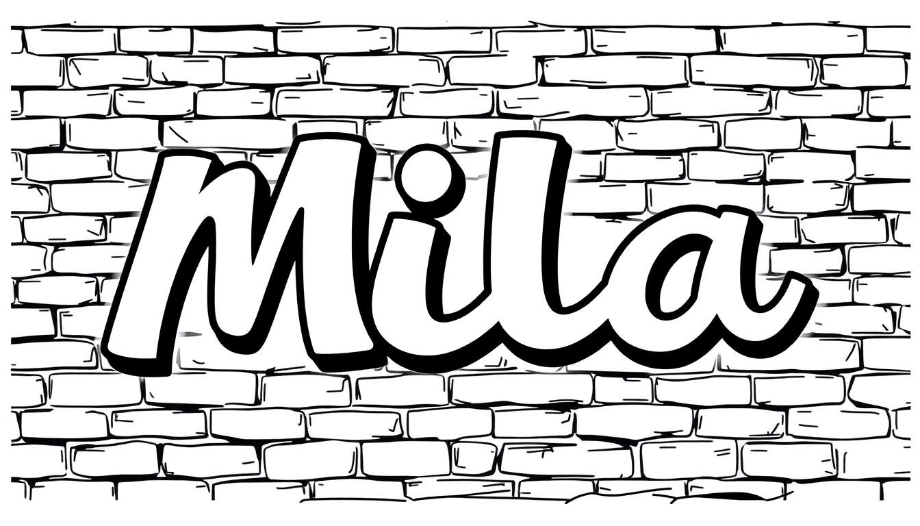 Zwart-wit kleurplaat van de naam 'Mila' in graffiti-stijl op een bakstenen muur, met dikke contouren en slagschaduw.