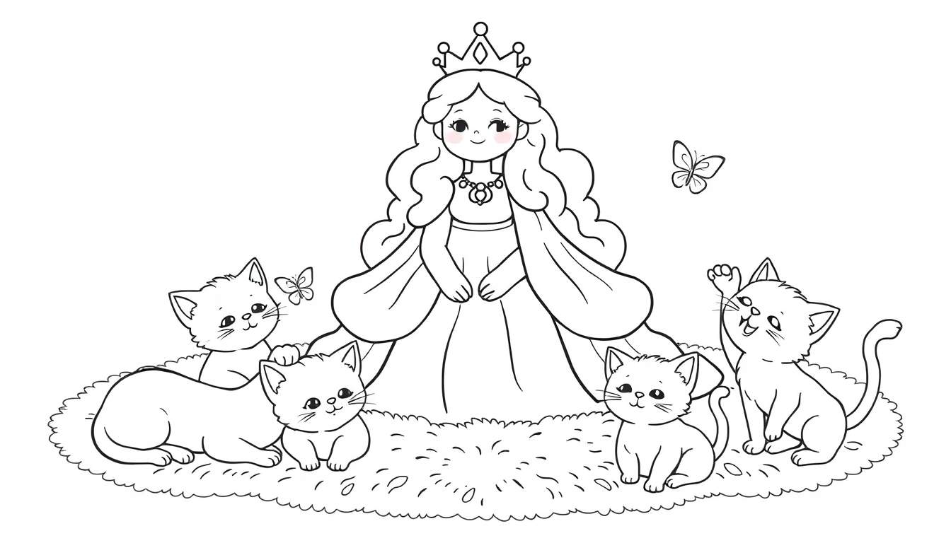 Een prinses met gevouwen handen en een vriendelijke glimlach, zittend omringd door vijf schattige kittens en twee vlinders. De kittens liggen en zitten op een grasachtige ondergrond, met één kitten dat naar een vlinder kijkt en een ander dat speels zijn pootje omhoog steekt.