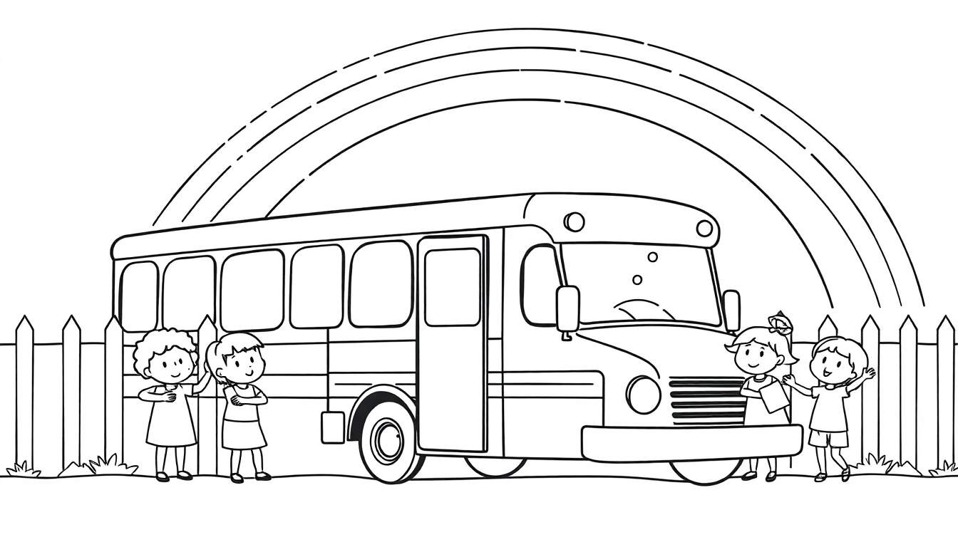 Zwart-wit lijntekening van een schoolbus met vier lachende kinderen, een regenboog en een hekje op de voorgrond.