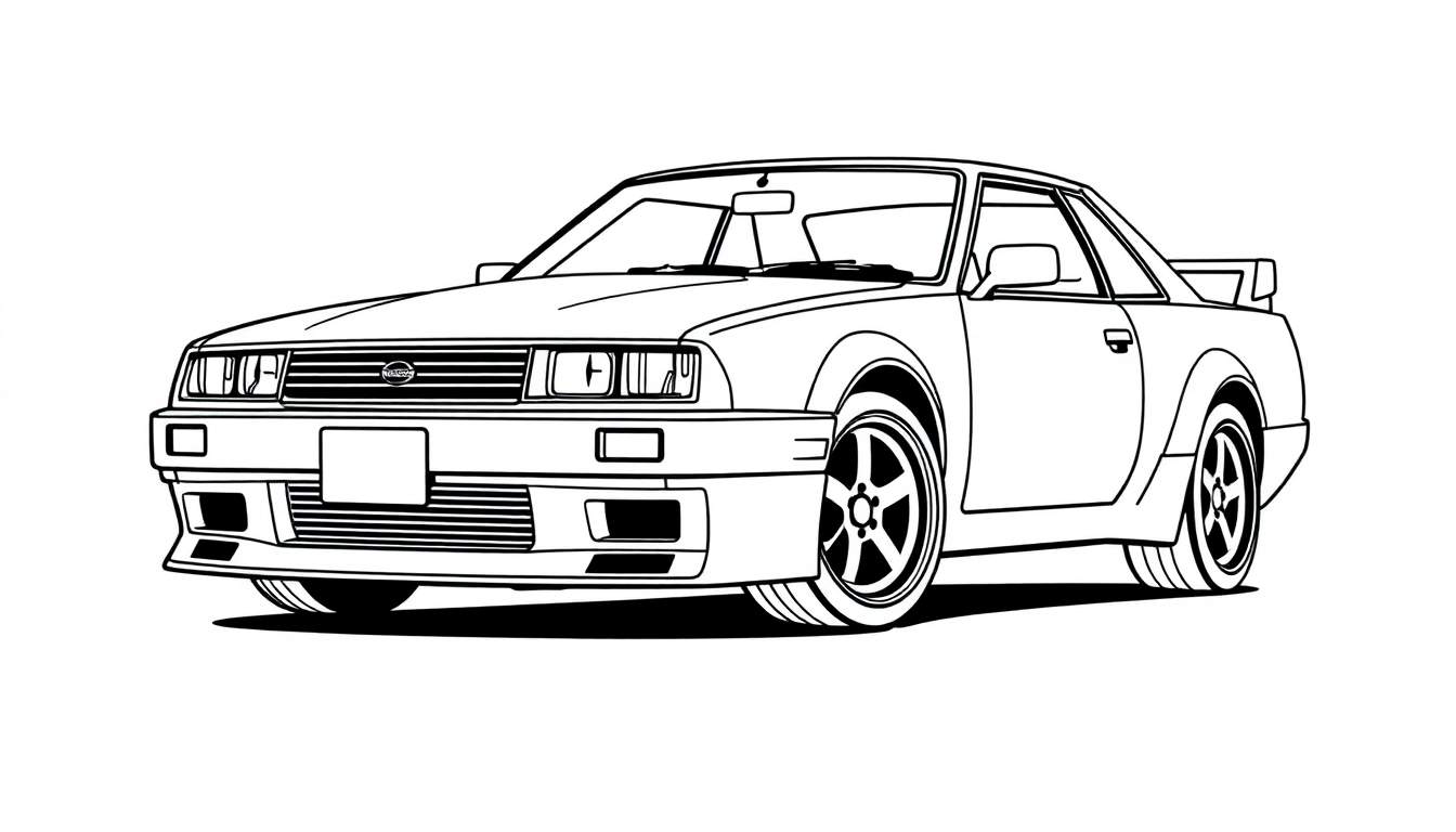 Zwart-wit lijntekening van een klassieke sportauto vanuit driekwart vooraanzicht, met brede spatbordverbreders, sportieve velgen en een iconisch ontwerp.