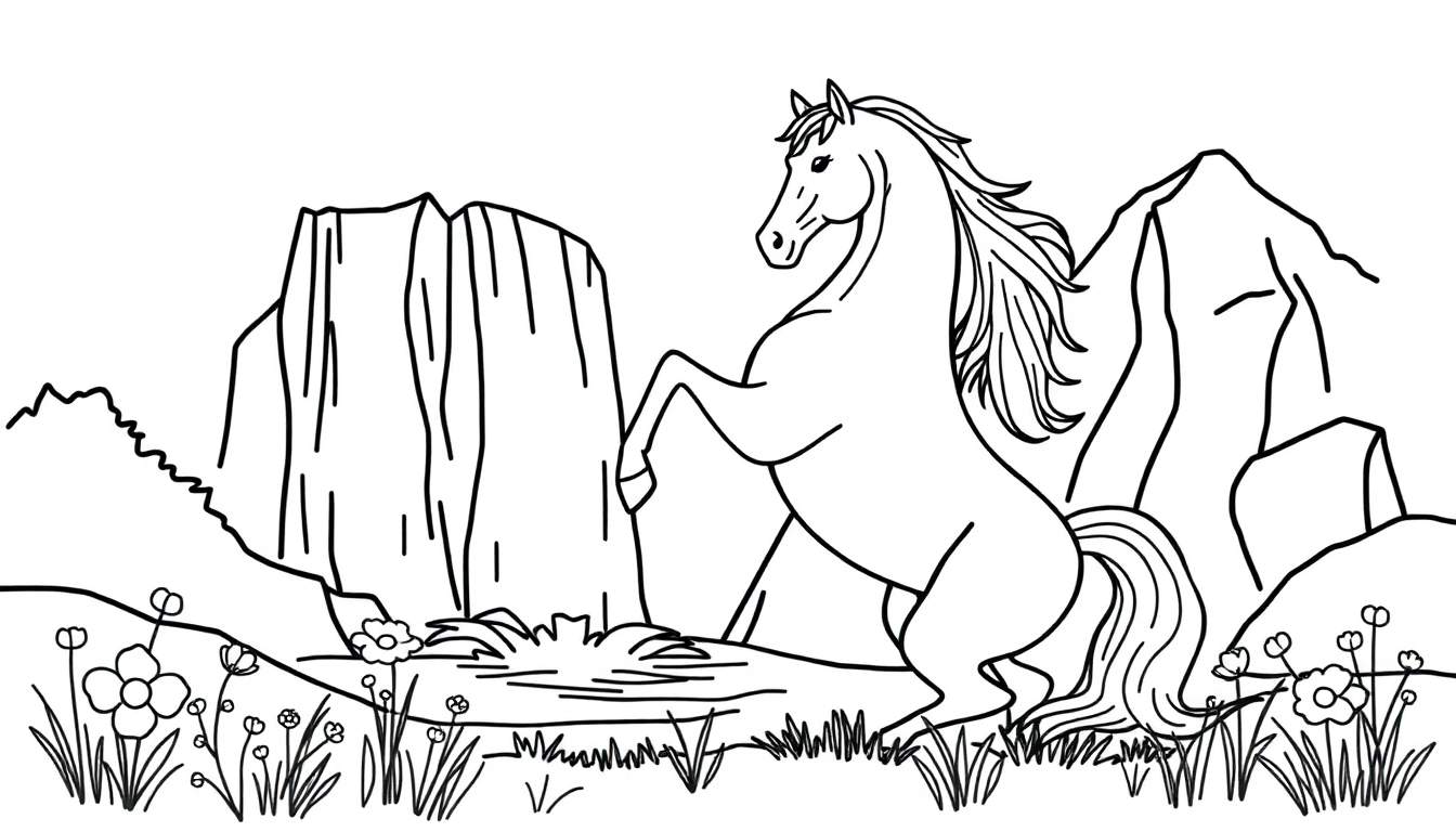 Kleurplaat van een steigerend paard in een berglandschap.