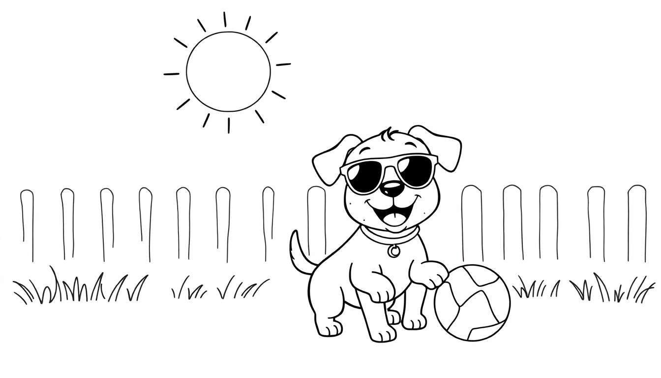 Kleurplaat van een lachende hond met zonnebril en een bal, met een zon en een hek op de achtergrond.