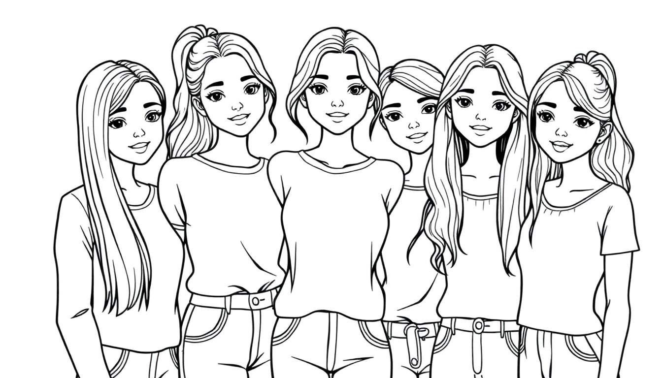 Zwart-wit tekening van zes lachende jonge vrouwen of meisjes met lang haar en casual kleding, staand naast elkaar.
