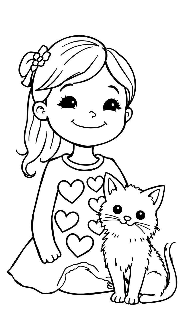 Lijntekening van een blij meisje met lang haar en een trui vol hartjes, zittend naast haar lieve, pluizige poesje. Beiden glimlachen.