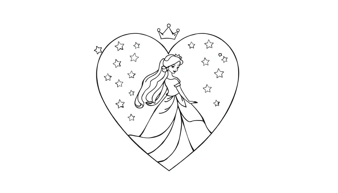 Zwart-wit lijntekening van een prinses met kroon, staand in een hart met sterren en een kroon boven het hart.