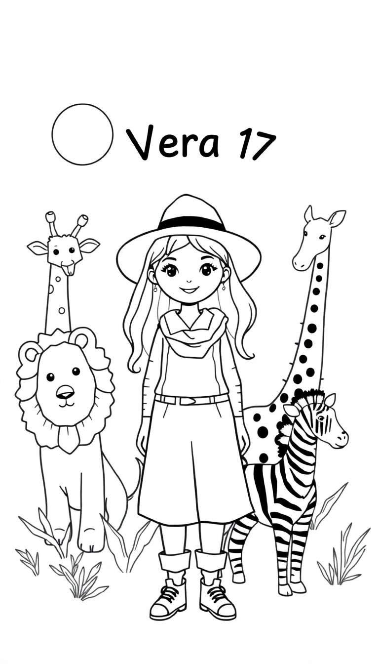 Kleurplaat van een lachend meisje met safari-kleding, omringd door een giraffe, leeuw en zebra op een savanne.