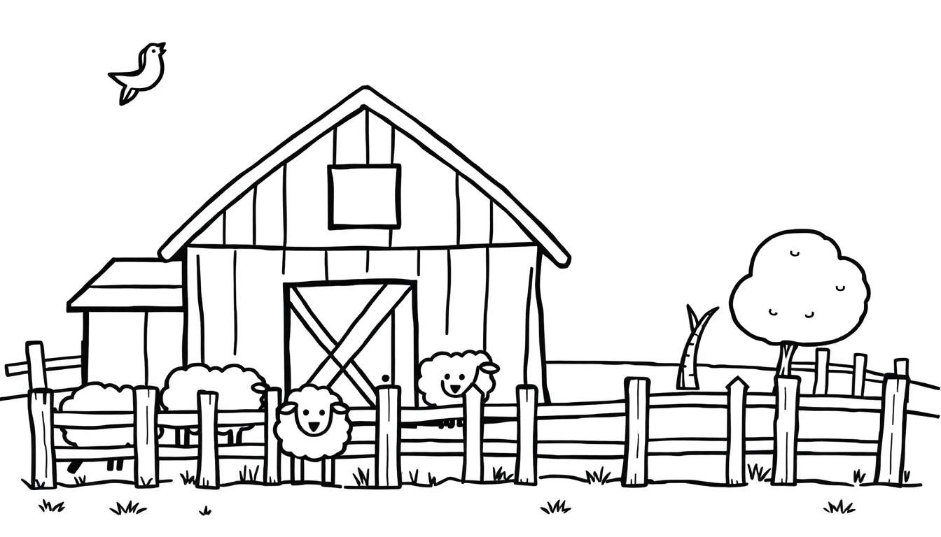 Kleurplaat van een boerderij met een schuur, drie schapen, een hek, een boom en een zingende vogel.