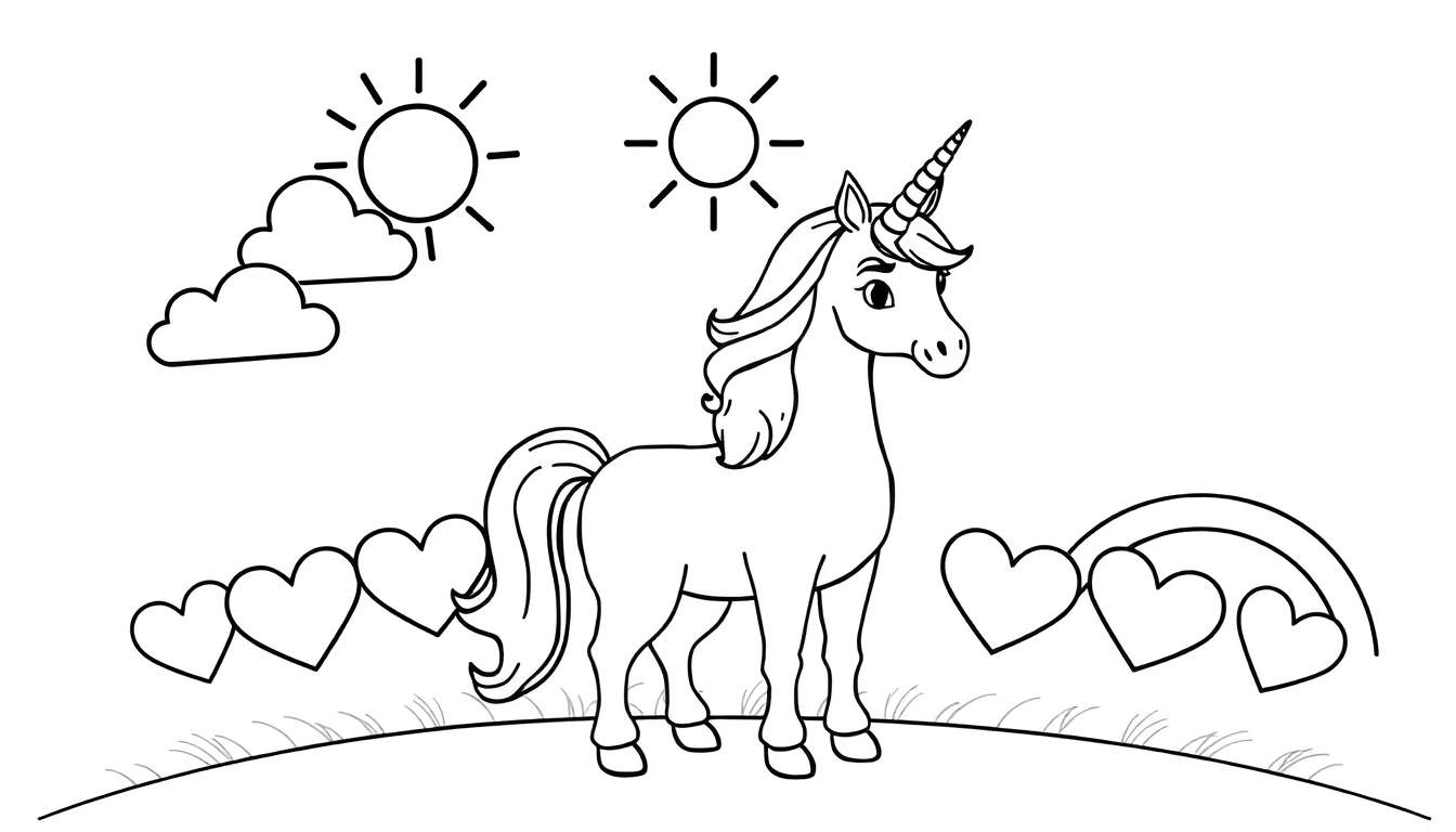 Zwart-witte tekening van een eenhoorn met manen en staart, staand op een heuveltje. Boven twee zonnen en twee wolken. Links vier hartjes, rechts drie hartjes en een regenboogje. Onderaan gras.