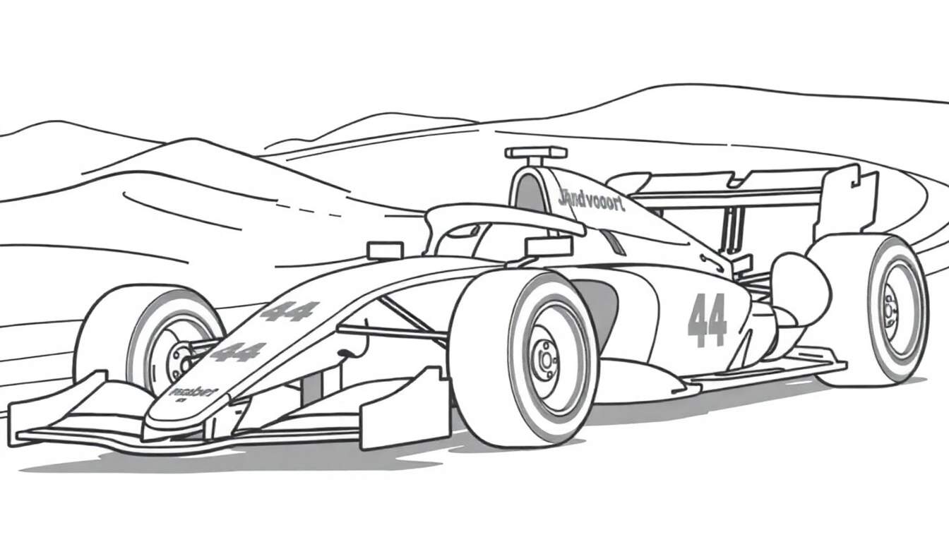 Kleurplaat van een moderne Formule 1-raceauto, nummer 44, met 'Zandvoort' op de airbox, rijdend op een glooiend circuit.