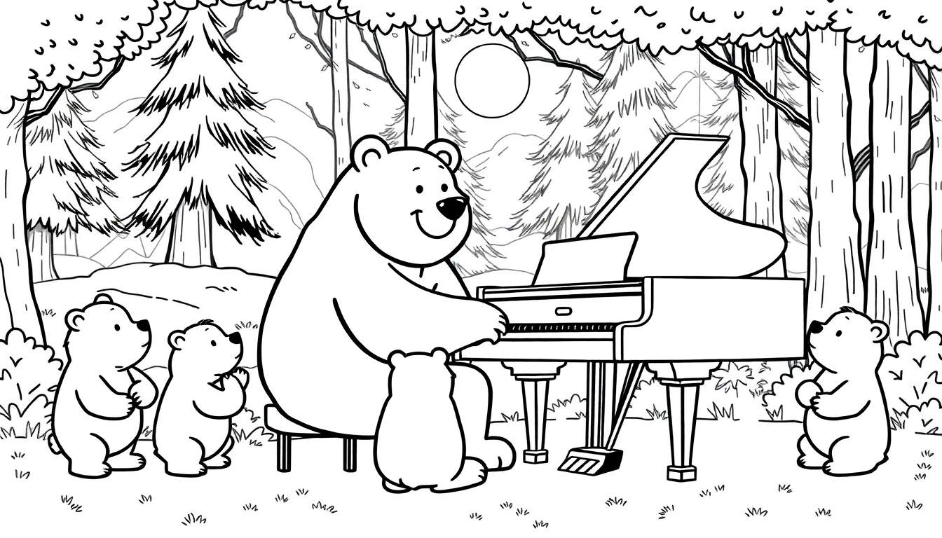 Zwart-wit tekening van een berenfamilie in een bos met een grote beer die piano speelt en vier kleine beren die luisteren.