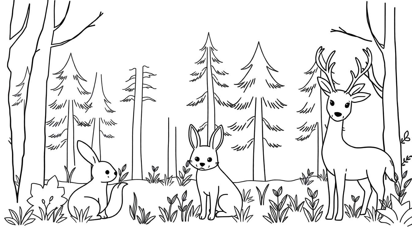 Zwart-wit lijntekening van een boslandschap met een hert en twee konijnen, ideaal om in te kleuren.