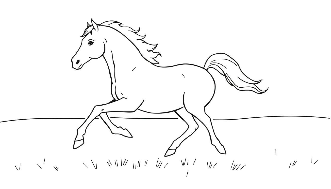 Zwart-witte lijntekening van een galopperend paard met zwierige manen en staart, op een eenvoudige achtergrond met horizon en gras, bedoeld als kleurplaat.