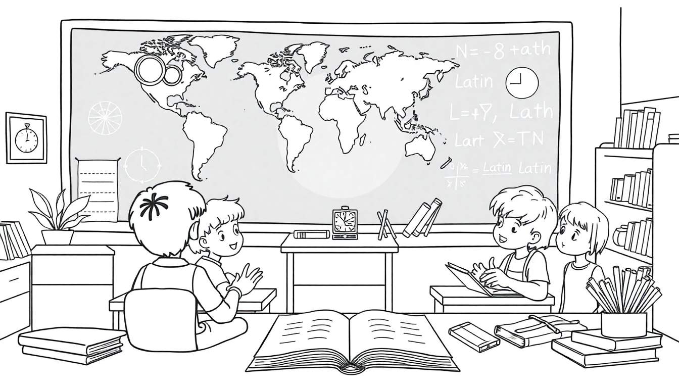 Zwart-wit kleurplaat van een klaslokaal met vier kinderen, een wereldkaart op het bord, bureaus, boeken, een dressoir met plant en een boekenkast.