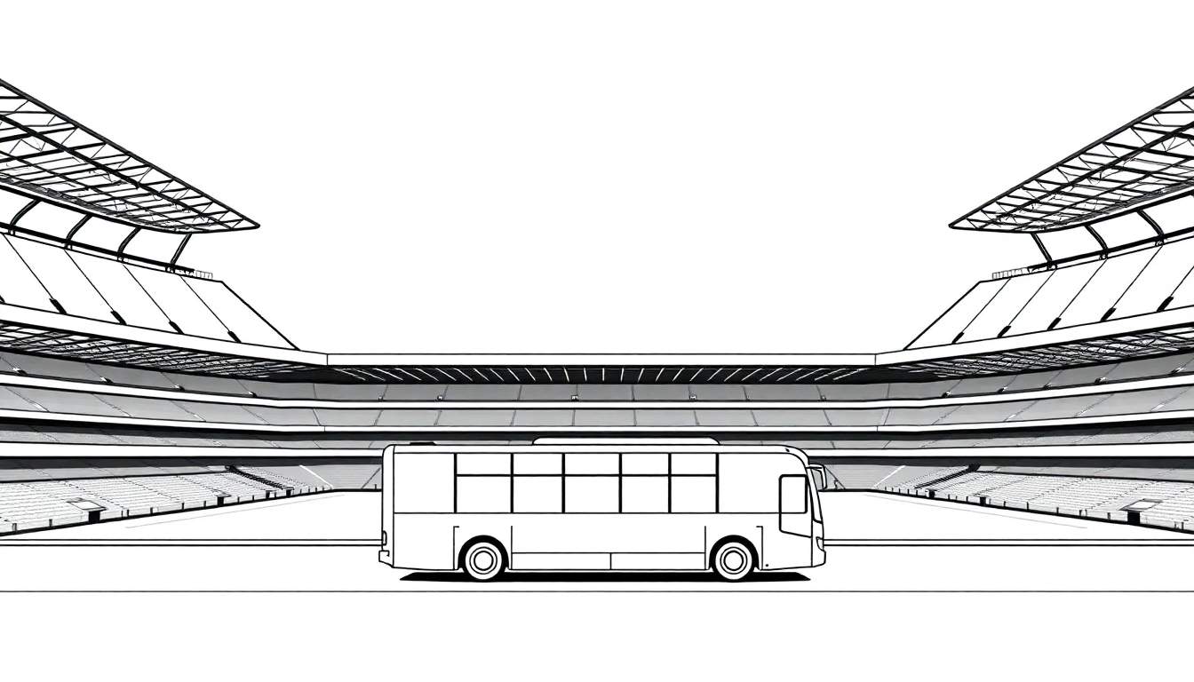 Zwart-wit lijntekening van een sportstadion met een bus op de voorgrond, ideaal als kleurplaat.