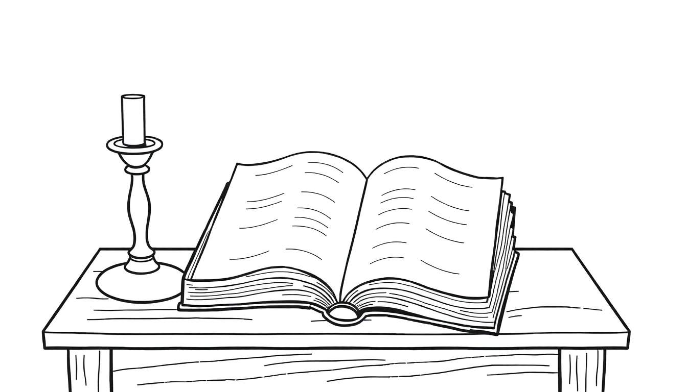 Zwart-wit lijntekening van een open boek en een kaars in een kandelaar op een tafel, klaar om ingekleurd te worden.