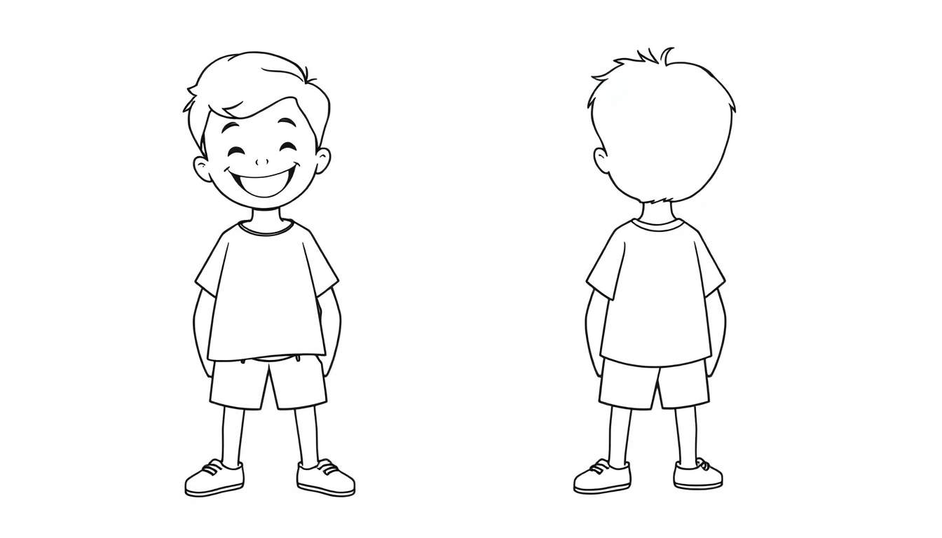 Kleurplaat van twee jongens, één met een lachend gezicht en één van achteren gezien, beide gekleed in casual zomerkleding.