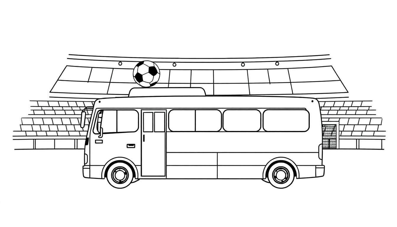 Lijntekening van een bus met een voetbal op het dak, voor een stadion.
