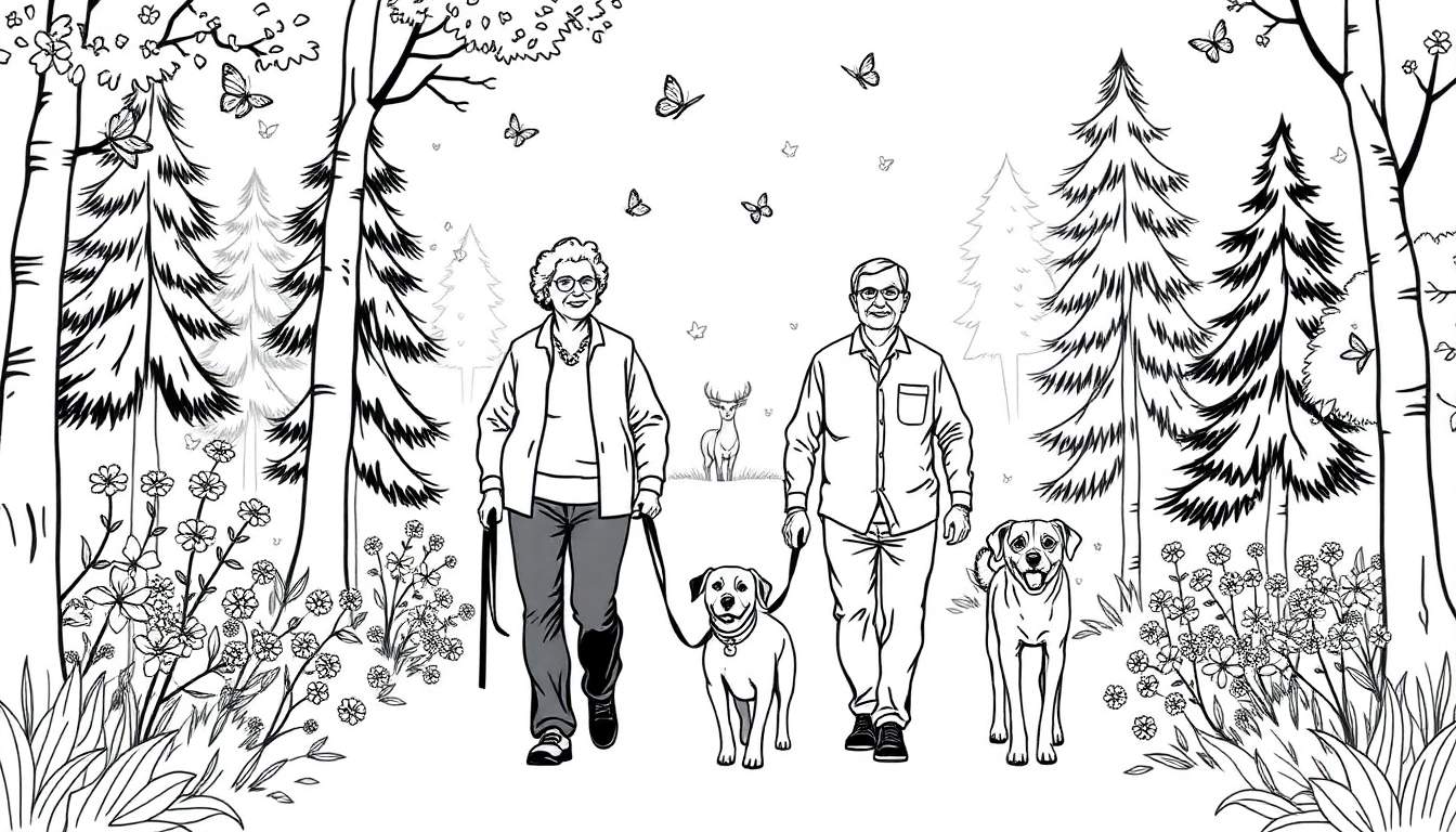 Kleurplaat van een oudere man en vrouw die wandelen met hun honden in een bosrijk park, met vlinders en een hert.
