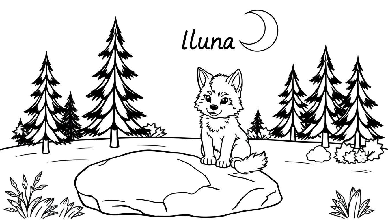 Zwart-wit lijntekening van een schattig wolvenwelpje dat vrolijk kijkt, zittend op een steen in een boslandschap met dennenbomen. Bovenaan staat de tekst 'lluna' en een halve maan.