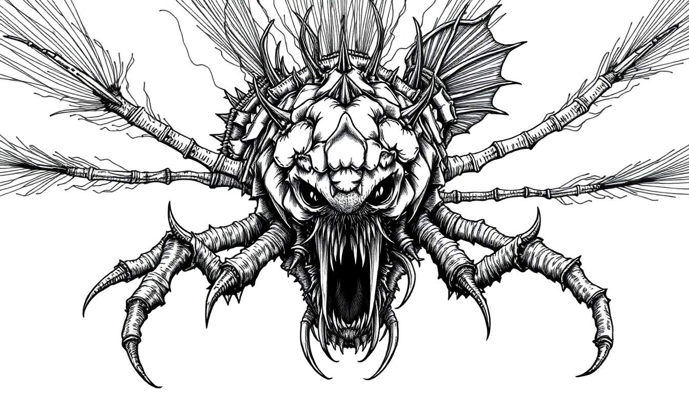 Zwart-wit tekening van een monsterlijk wezen met een gepantserd lichaam, scherpe tanden, insectenpoten en tentakels.