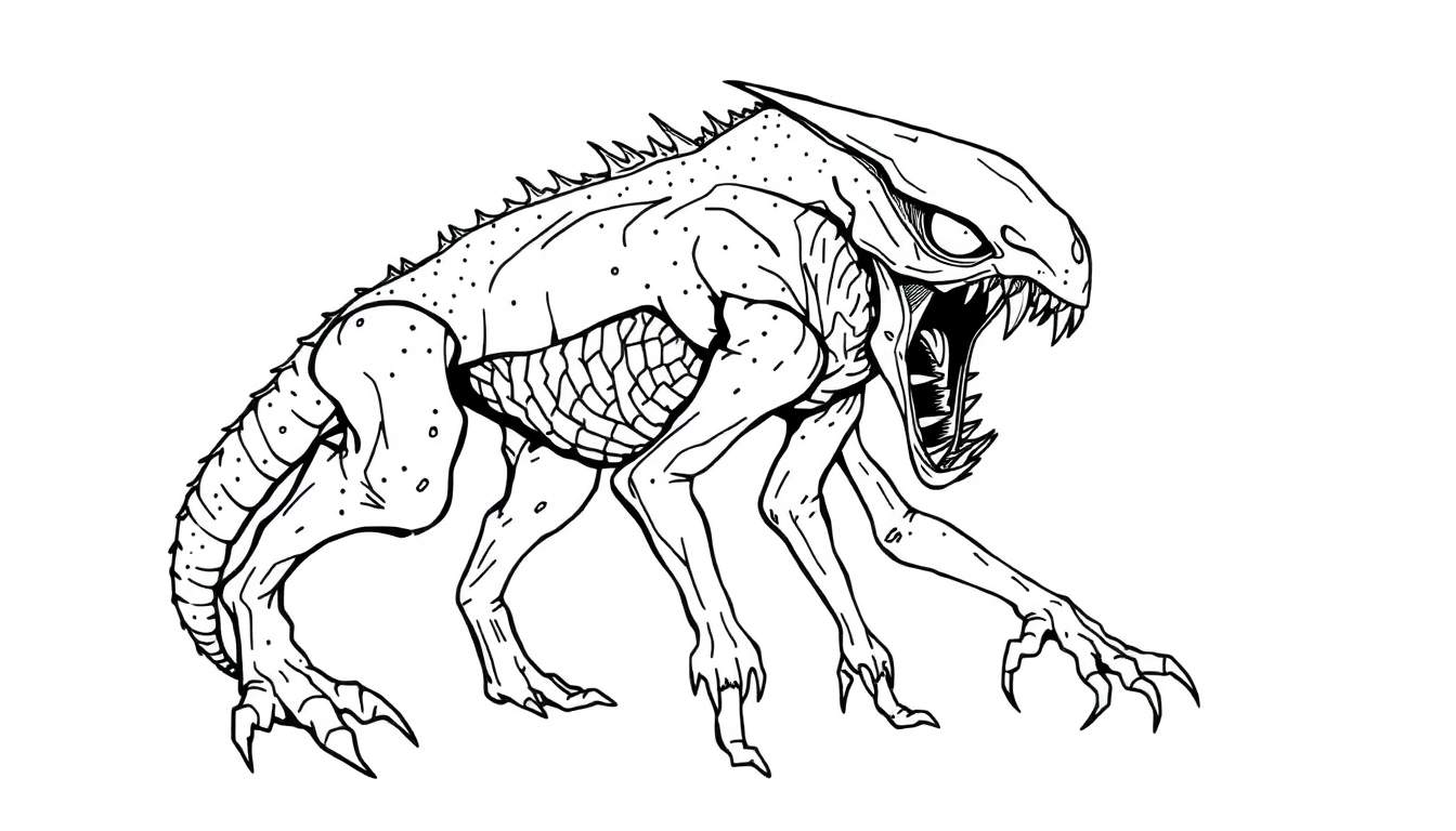 Zwart-wit lijntekening van een dreigend monster met zes poten, scherpe klauwen, stekels en een bek vol tanden, klaar om aan te vallen.