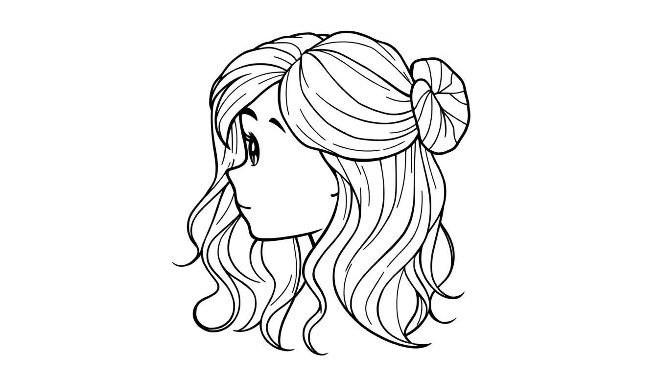 Zwart-wit lijntekening van een anime meisje in profiel met lang, golvend haar deels opgestoken in een knot, en een zachte glimlach.