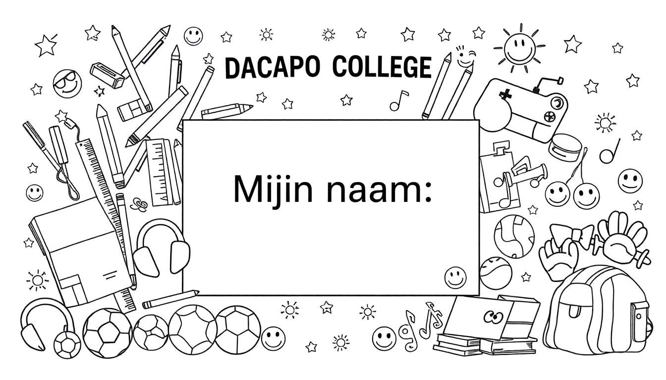 Kleurplaat van Dacapo College met potloden, boeken, gamecontroller, voetballen, muzieknoten en meer, versierd met sterren en smileys.