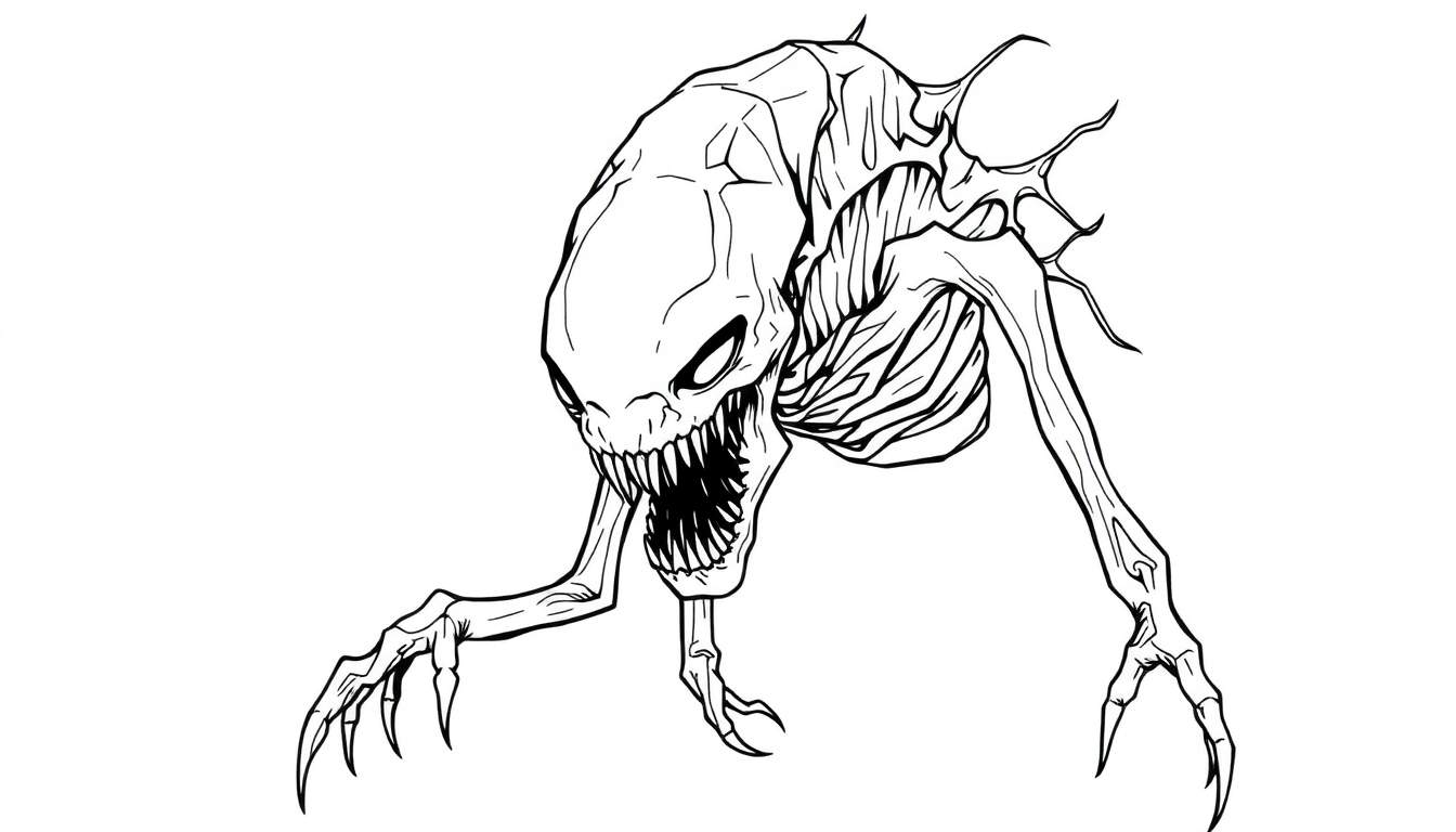 Zwart-wit lijntekening van een dreigend buitenaards wezen met een grote schedelachtige kop, wijd open mond vol scherpe tanden, mager lichaam met ribben en scherpe klauwen.
