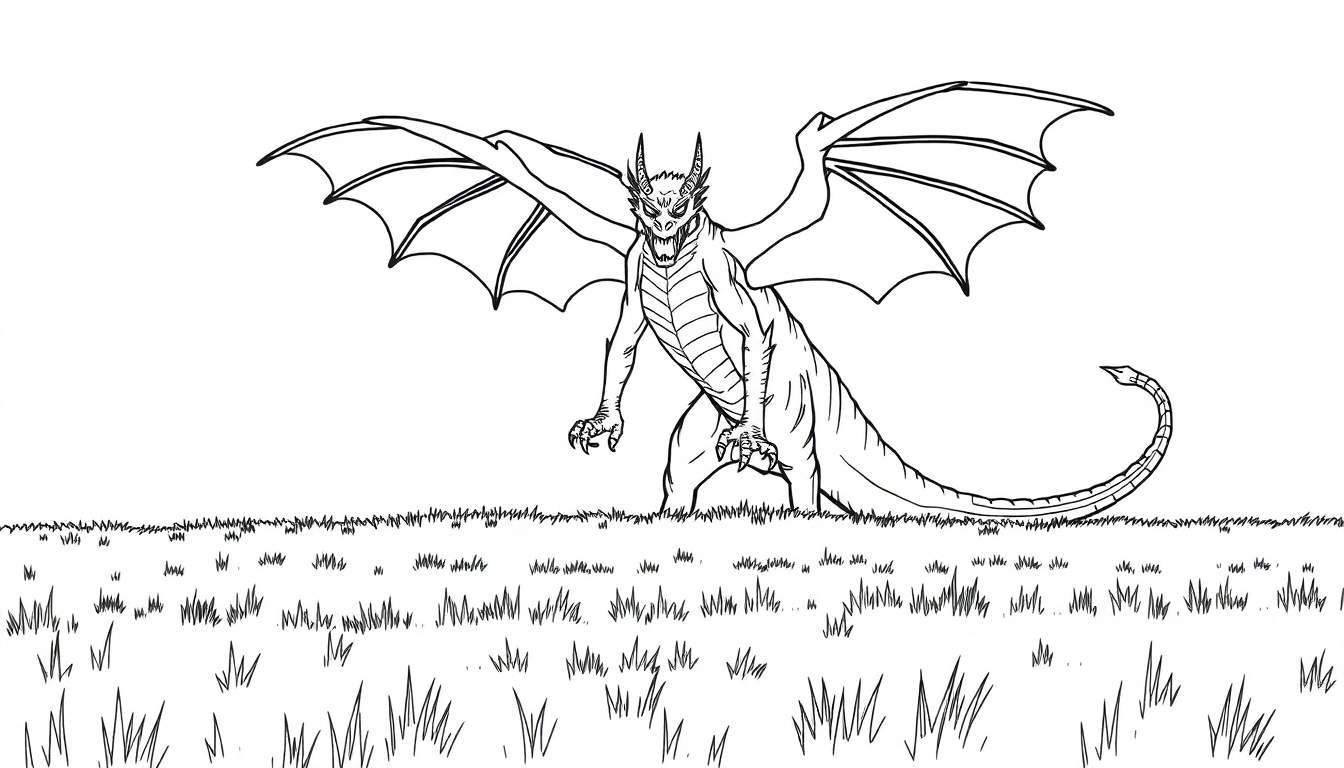 Zwart-witte lijntekening van een imposante, dreigende draak met hoorns, open bek, scherpe klauwen en wijd uitgespreide vleugels, staande in een gedetailleerd grasveld.