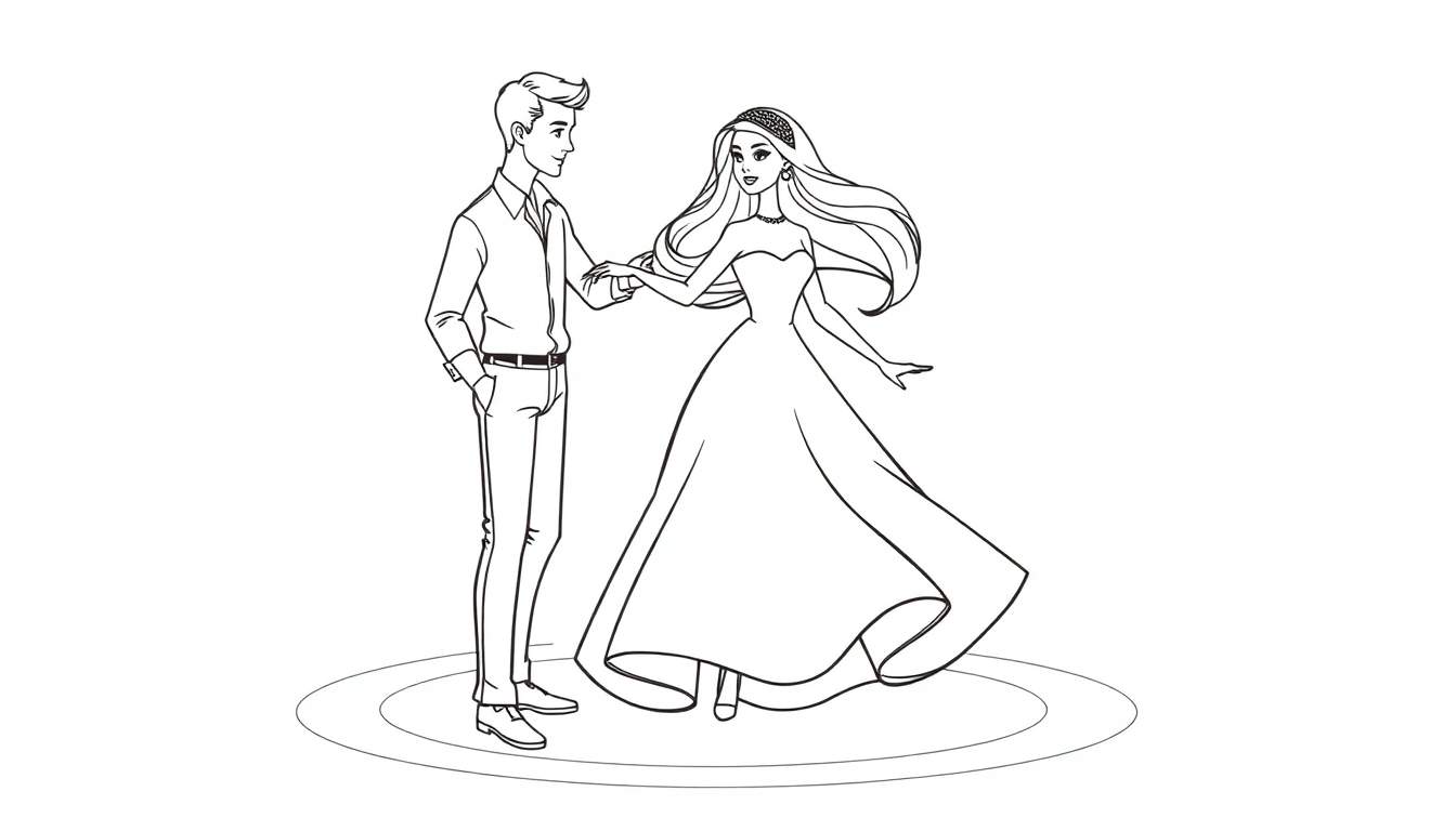Zwart-wit lijntekening van een man met opgerolde mouwen en een vrouw in een baljurk die elkaars hand vasthouden en naar elkaar lachen.