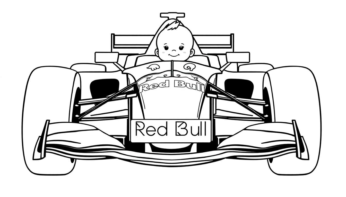 Zwart-wit lijntekening van een Formule 1 raceauto van voren gezien, met op de neus en cockpit de tekst 'Red Bull'. In de auto zit een lachende baby met opgeheven handjes.