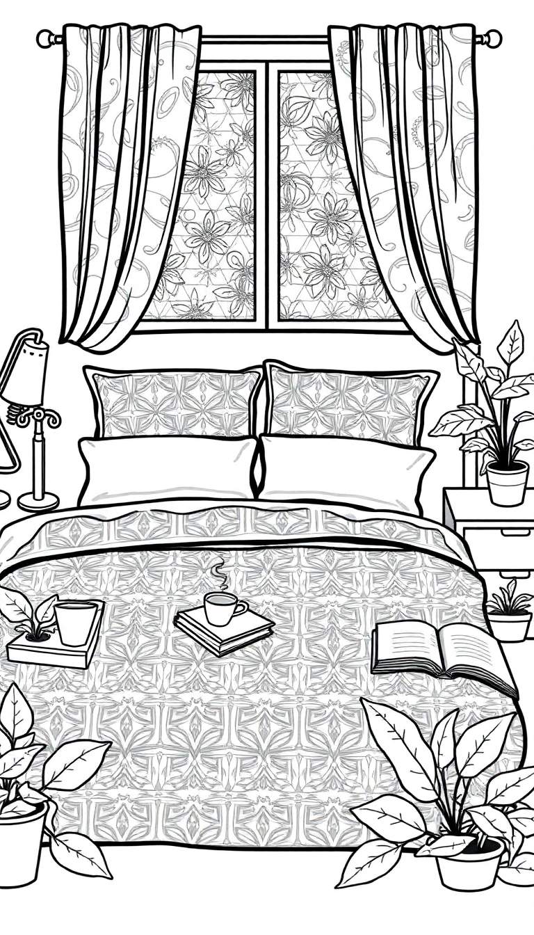 Zwart-wit kleurplaat van een gezellige slaapkamer met een bed, planten, boeken en decoratieve gordijnen.
