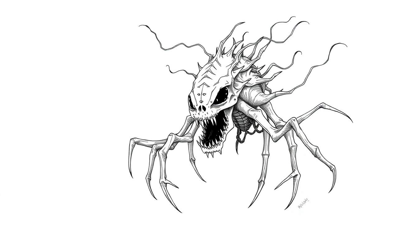 Een griezelig, monsterlijk wezen met een insectachtig lichaam, schedelachtig hoofd en scherpe klauwen, getekend in zwart-wit lijnkunst met arceringen.