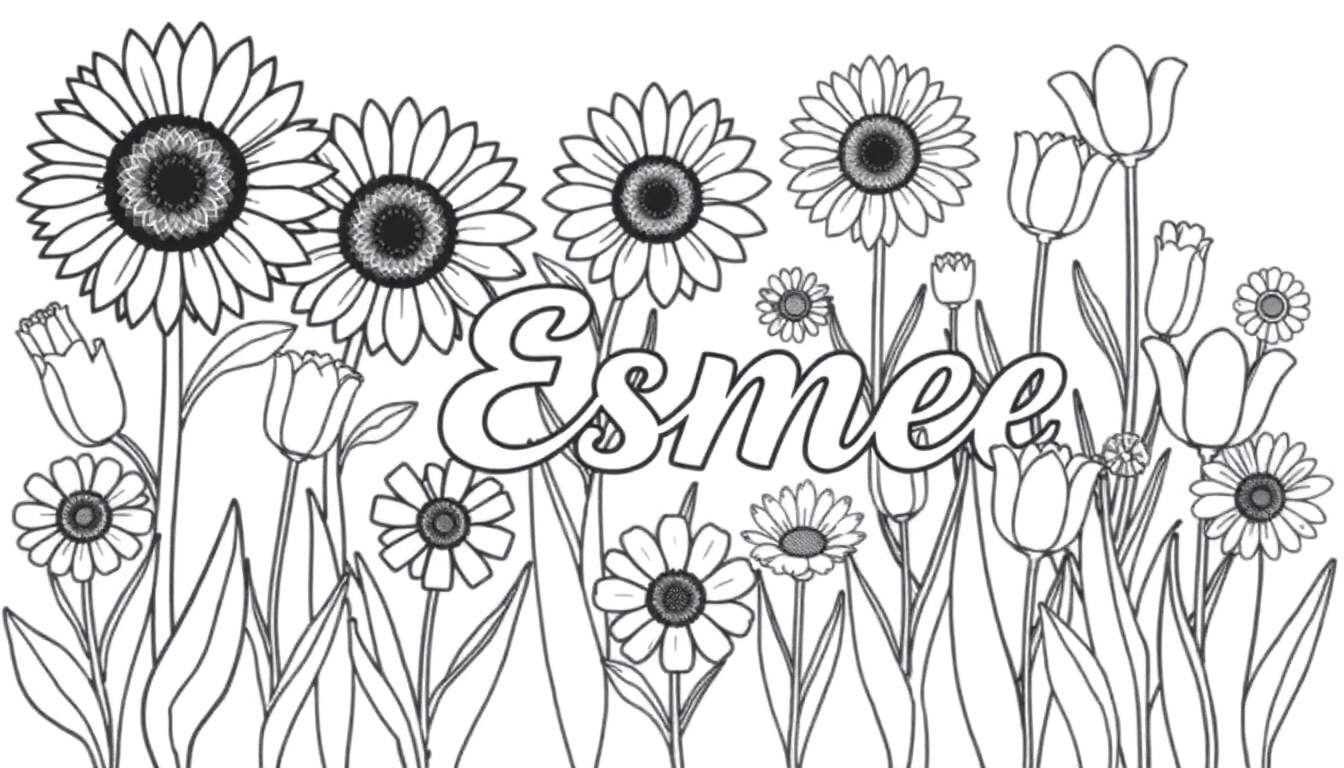 Kleurplaat met een bloemenveld vol met zonnebloemen, tulpen en madeliefjes. De naam Esmee is in sierlijke letters in het midden geschreven.