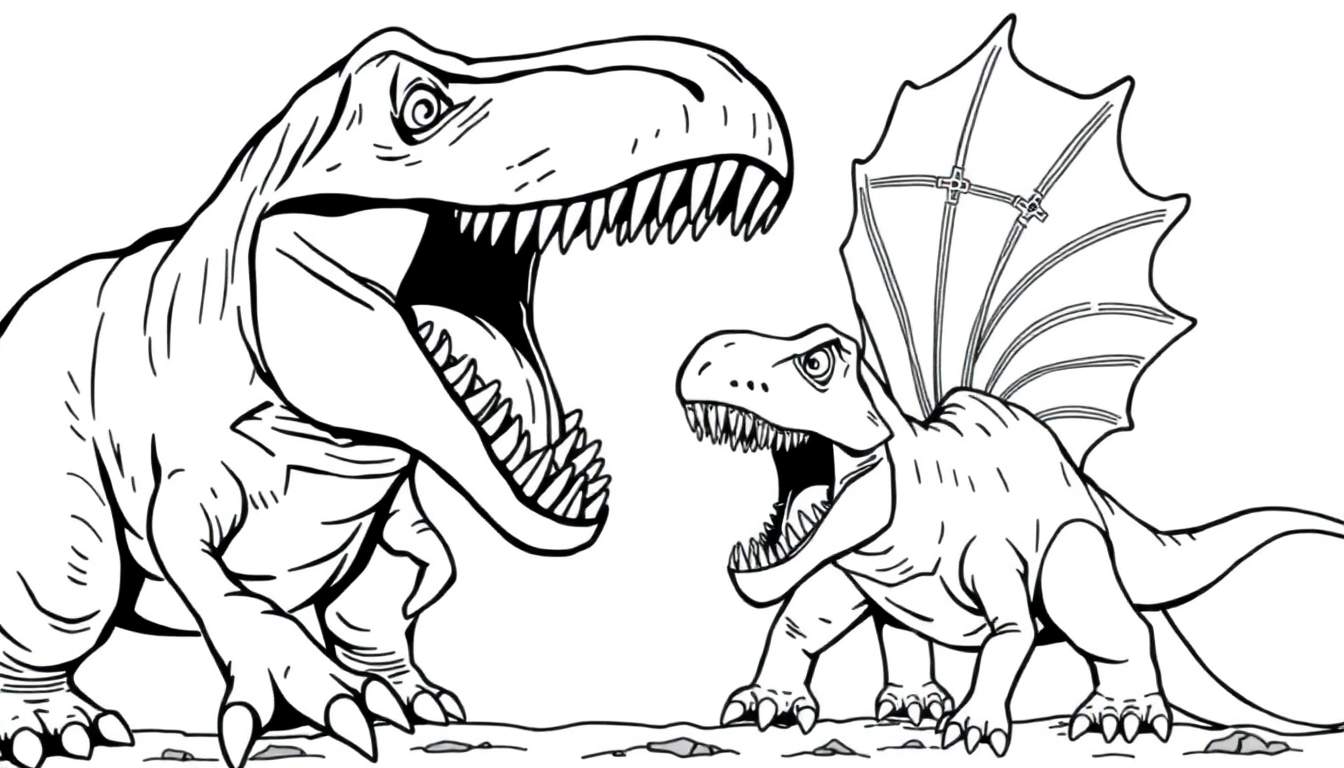 Zwart-wit lijntekening van twee brullende dinosaurussen, een grote T-Rex-achtig en een kleinere met een kam, klaar om ingekleurd te worden.