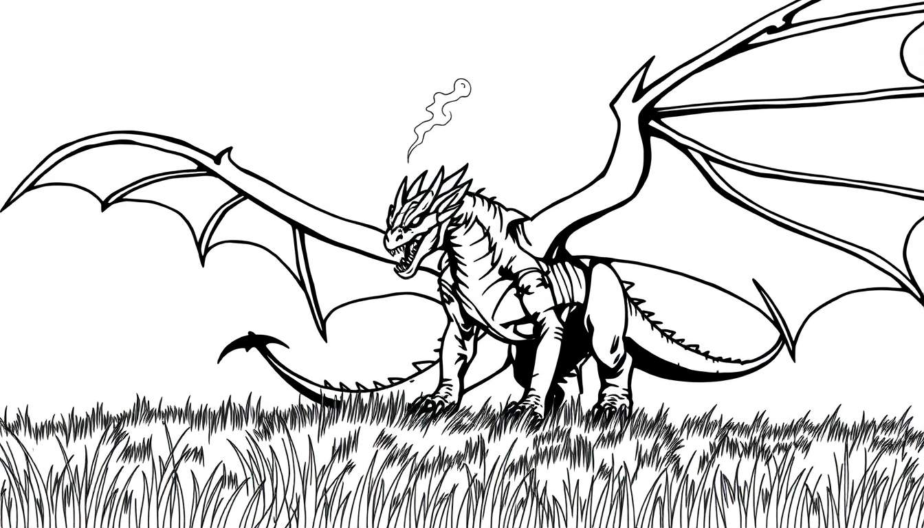 Zwart-wit tekening van een draak met vleermuisvleugels in hoog gras, met een wolkje rook uit zijn bek.