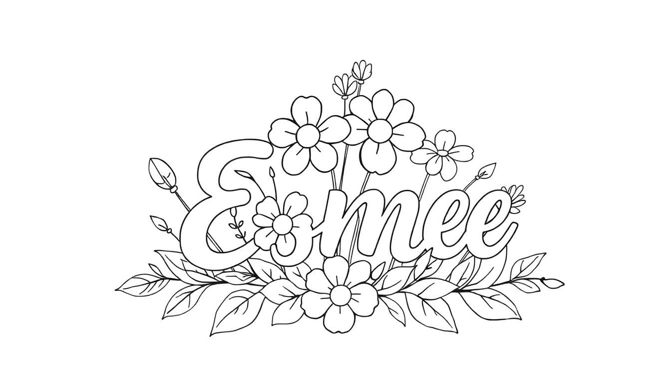 Zwart-wit lijntekening van de naam Esmee in bolle letters, omringd door bloemen en bladeren.