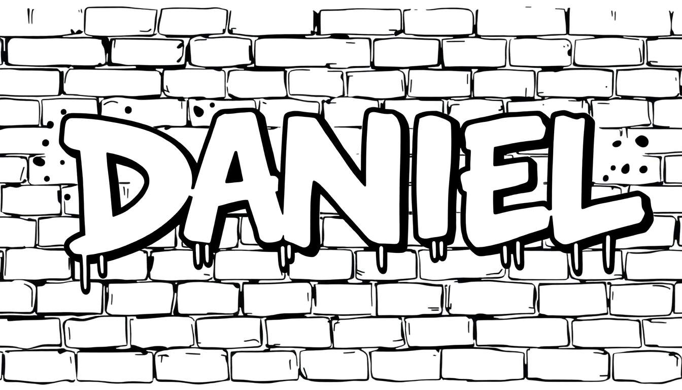 Zwart-wit kleurplaat van de naam DANIEL in graffiti stijl met bubble letters, druppels en verfspetters op een bakstenen muur.