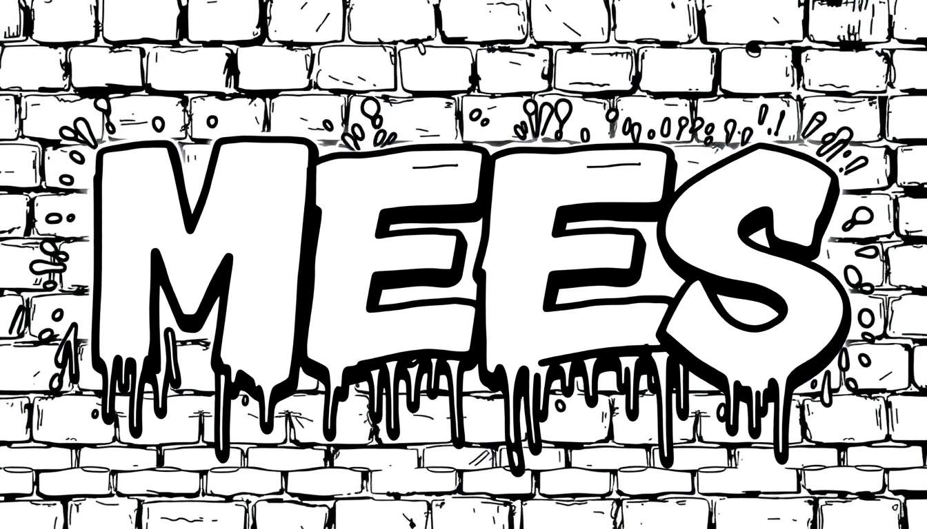 Zwart-wit kleurplaat van het woord 'MEES' in graffiti-stijl, met druipende verf, tegen een achtergrond van een getekende bakstenen muur met verfspatten.