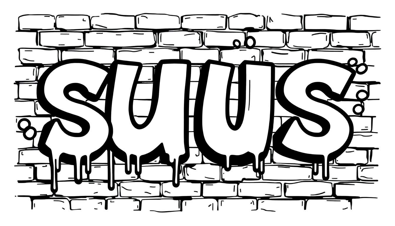 Zwart-wit illustratie van het woord SUUS in graffiti-stijl op een bakstenen muur, met druipende verf en bellen.