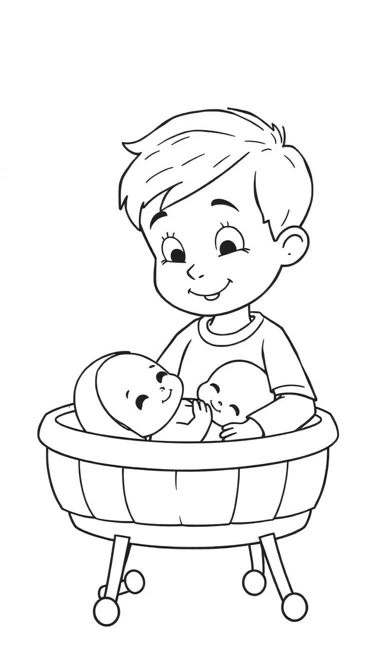 Kleurplaat van een lachende jongen die liefdevol naar twee slapende baby's in een wiegje kijkt.