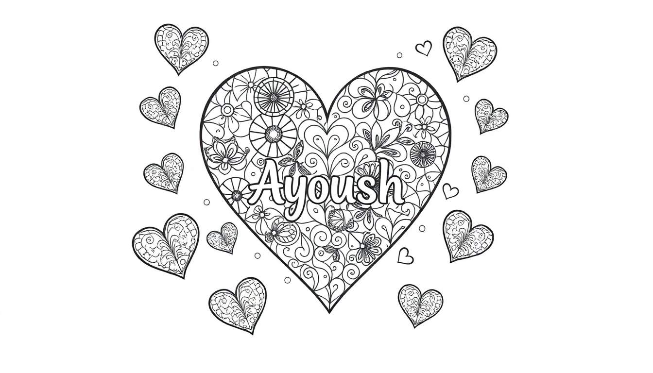 Zwart-wit kleurplaat van een groot hart met 'Ayoush' in sierlijke letters en omringd door kleinere hartjes en bloemenpatronen.
