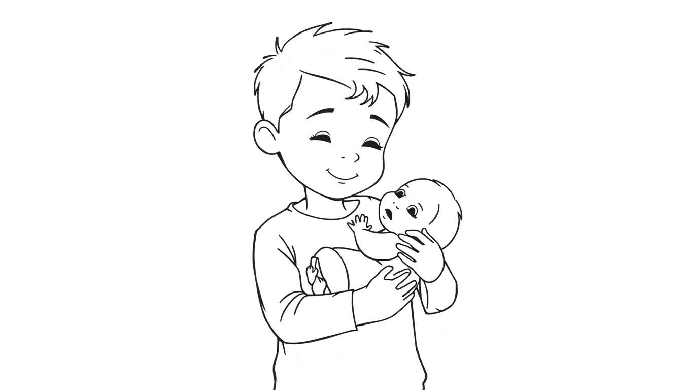 Kleurplaat van een blije oudere jongen die een baby liefdevol vasthoudt. De baby kijkt met open ogen omhoog en heeft een handje omhoog.
