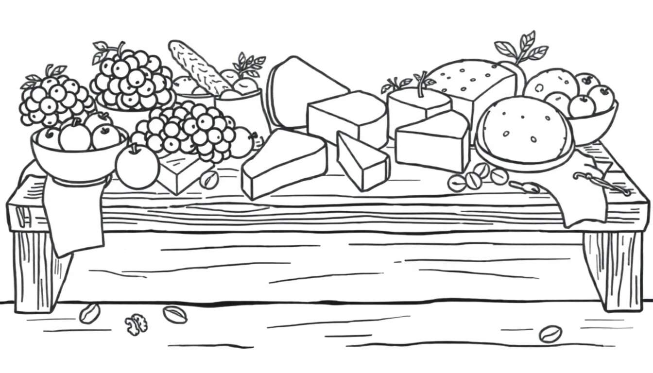 Zwart-wit lijntekening van een houten tafel met een overvloed aan voedsel, waaronder druiven, appels, diverse stukken kaas, brood en noten.