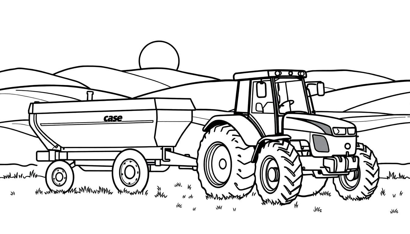Zwart-wit tekening van een moderne tractor met een grote Case aanhanger, rijdend in een open veld met gras op de voorgrond, glooiende heuvels en een ronde zon op de achtergrond.